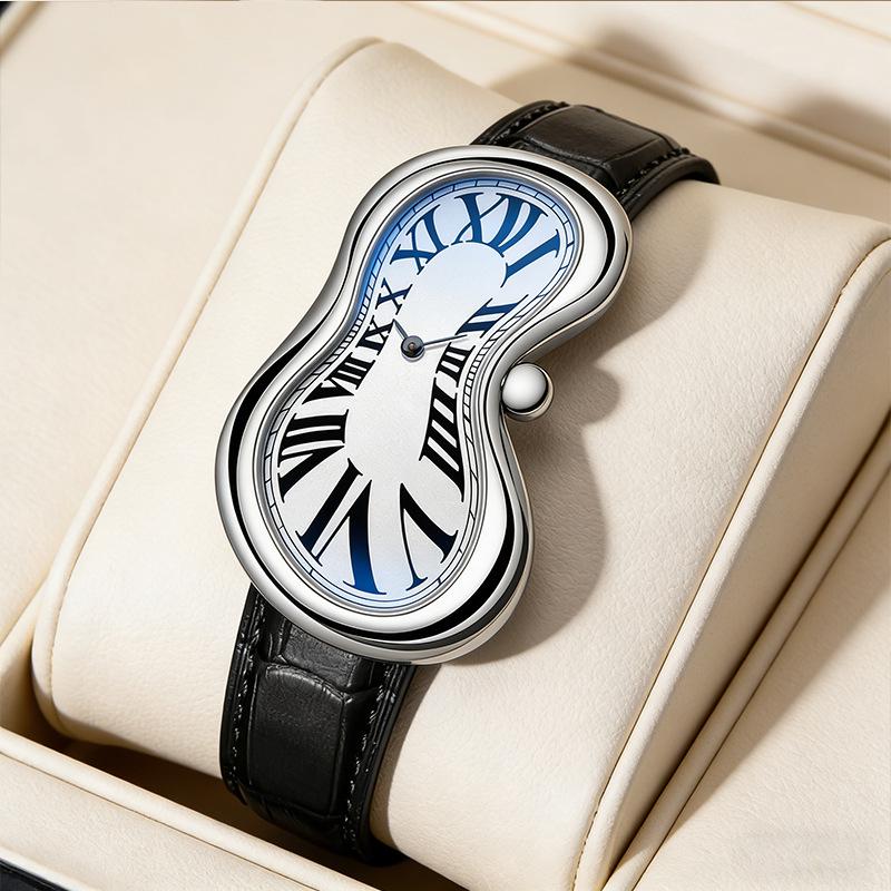 Vintage Roman Numeral Men's Quartz Watch with Irregular Twist Design and Leather Strap