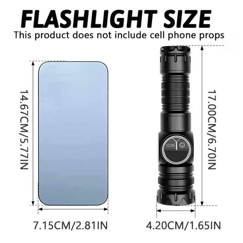 LED Flashlight 5 Lighting Modes COB Red Side Light with Magnet USB Rechargeable Torch Light Built In Battery for Hiking