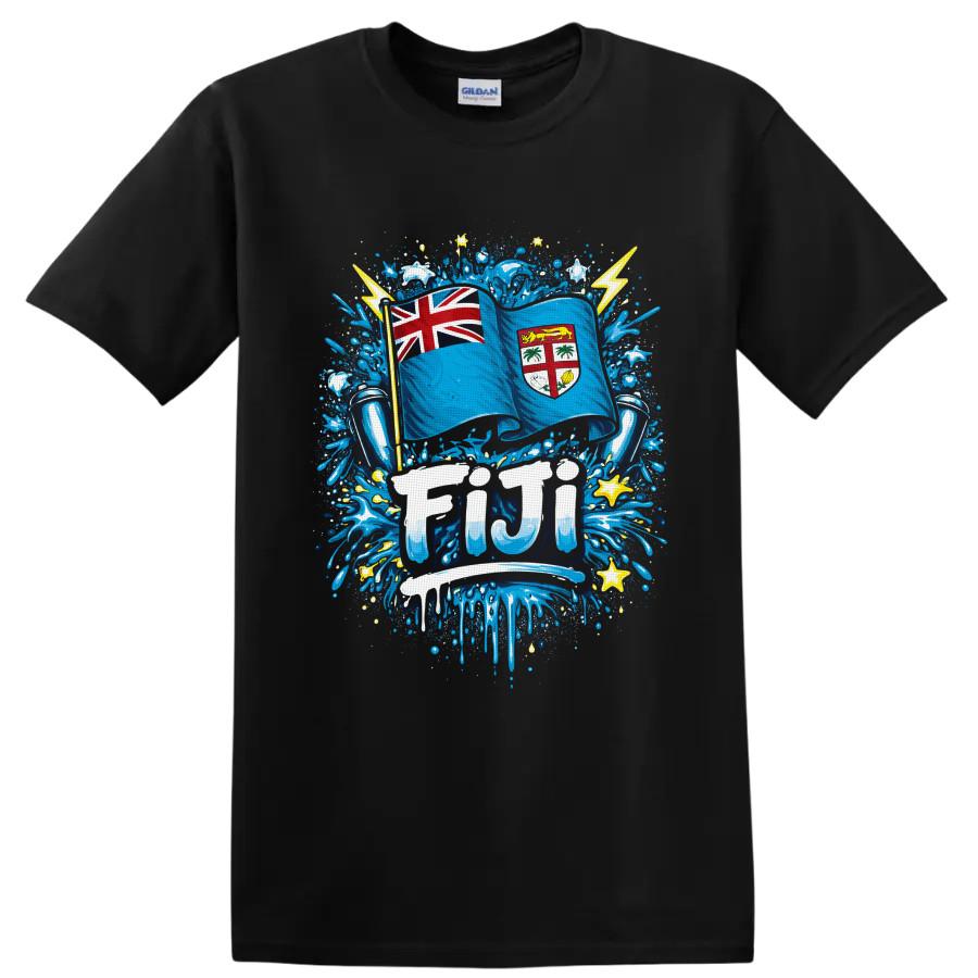 Fidschi Flagge T-Shirt mit Inselwappen Blaues Spritzmuster Patriotisch Reise Grafik Kunst T-Shirt
