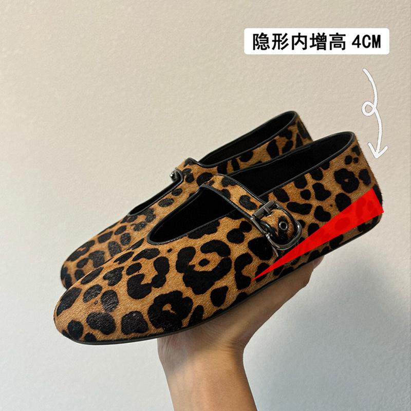 Sheepskin Version~ Popular Small Man Inner Height Increase 4CM Leopard Print Leather Word with Mary Jane Shoes Women's Flat Shoes