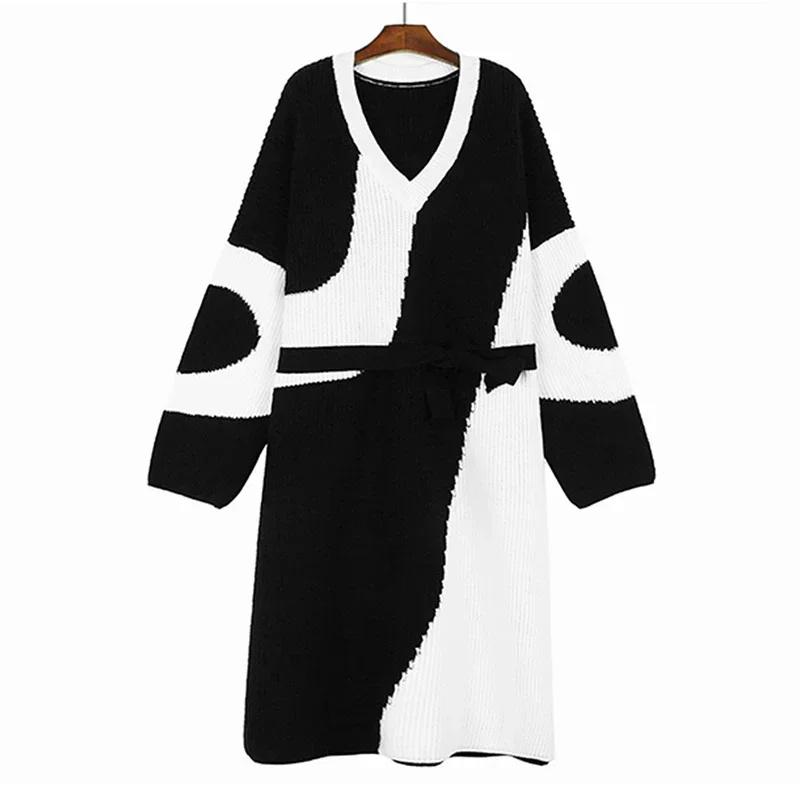 Xitao Pletené šaty s výstřihem do V Móda Kontrastní Barva Volný Ležérní Pulovr Dámské DMJ3344