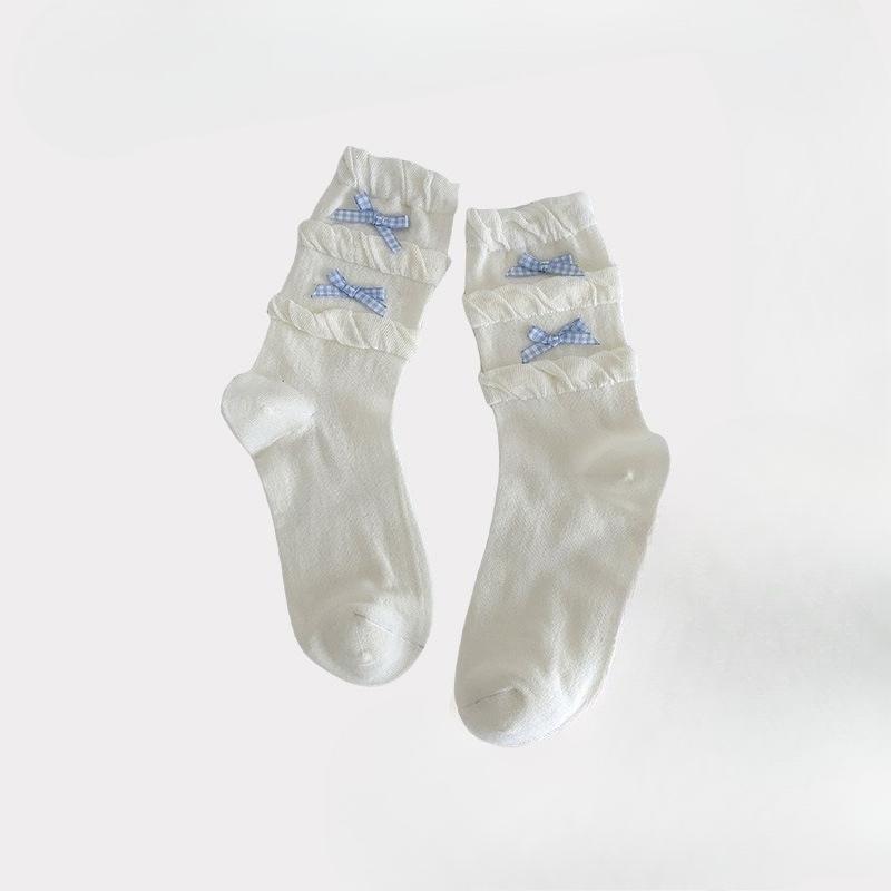 

Female Spring and Summer Check Bow Lace Breathable Tube Pile Socks 1 pair білий