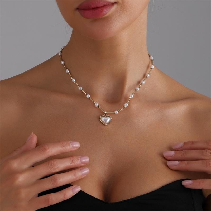 Stylish Heart Pearls Pendant Necklace Adjustable Chain Sweet Cool Fashionable Versatile Neckchain Jewelry Accessory