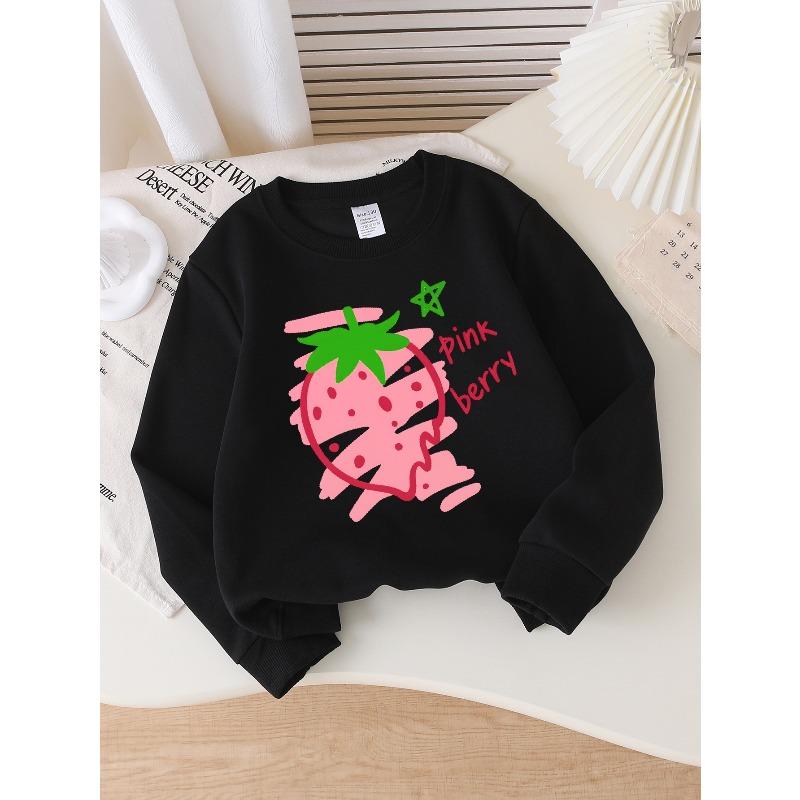 European sizes Girls Soft Crewneck Sweatshirt Pink Berry Strawberry Design, Casual All-Match for Fall Winter, Ideal Holiday Present.