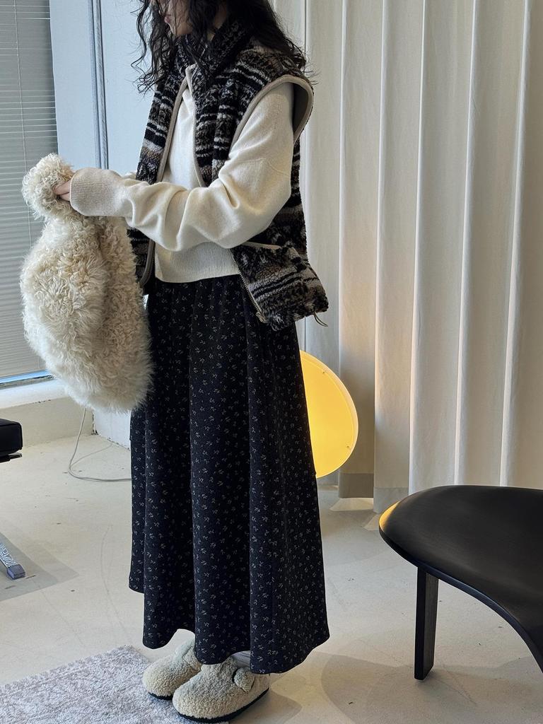 Louvre Winter Retro Floral Wool Tweed A-Line Midi Skirt for Women