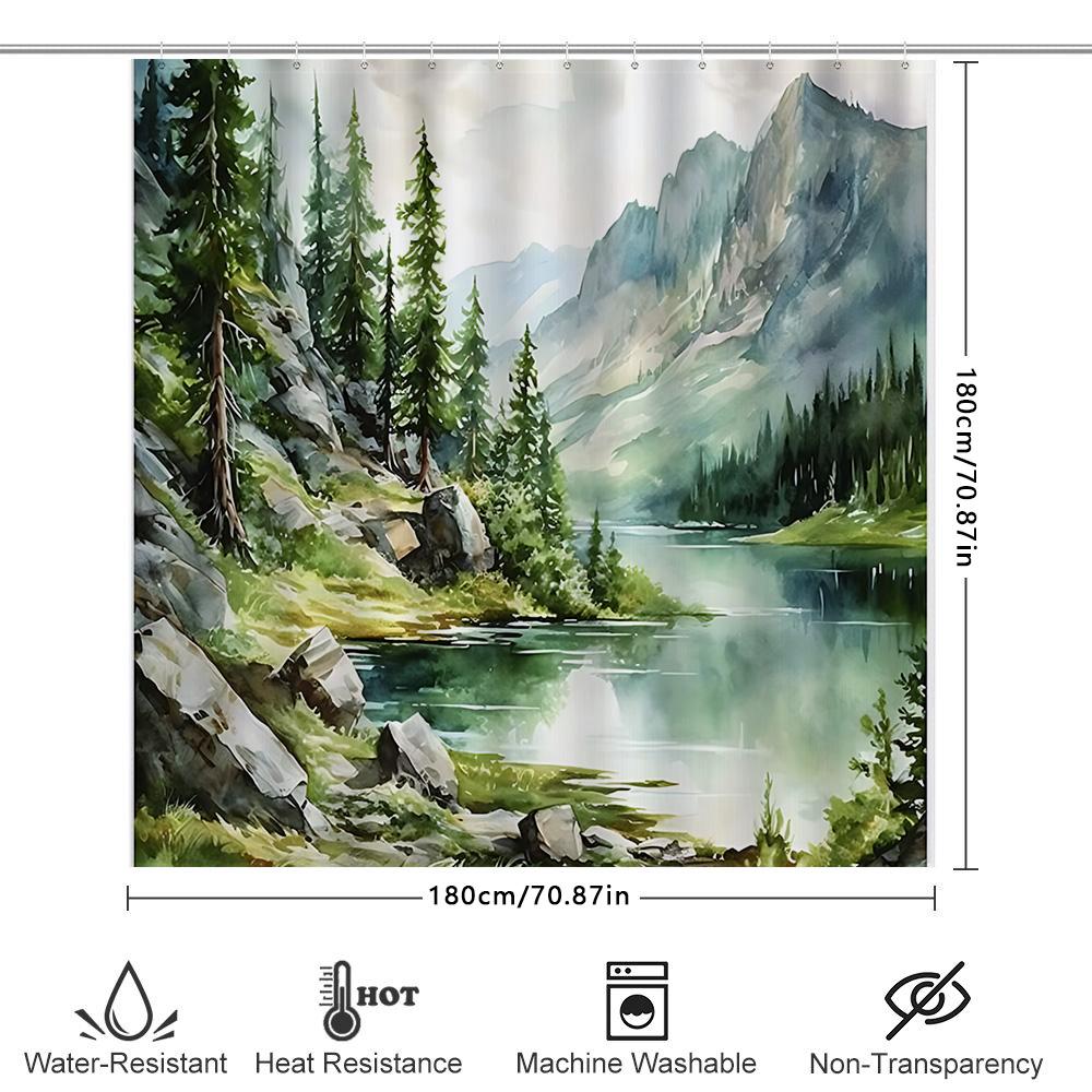 Watercolor Mountain Lake Shower Curtain Natural Landscape Bathroom Decor Featuring Trees And Rocks Waterproof Fabric