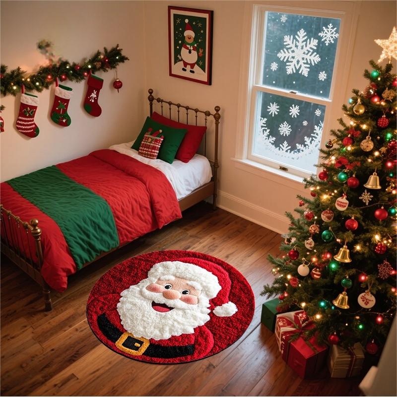 Santa Claus Round Rug Christmas Holiday Theme Non Slip Festive Decorative Floor Mat For Living Room Bedroom Home Decor