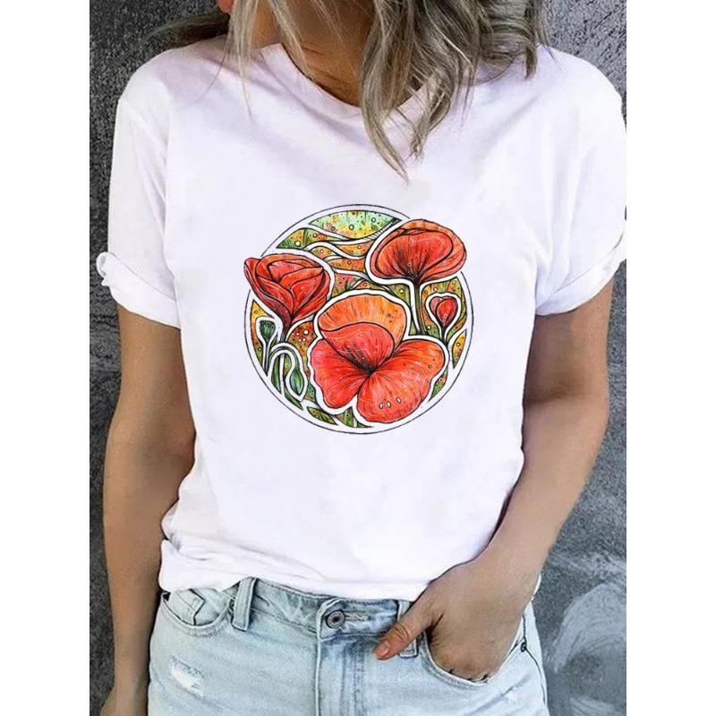 Cute Floral Print T-shirt Ladies Fashion Short-sleeved Clothing Casual Loose Top