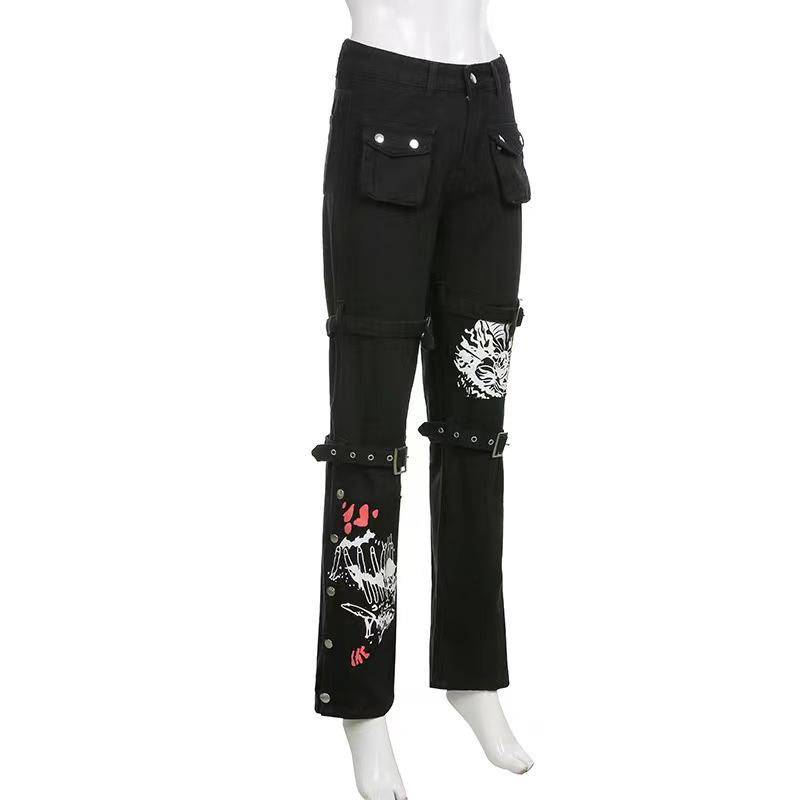 2023 Spring/Summer Chic European-American Print Metal Buckle Denim Draping Pants