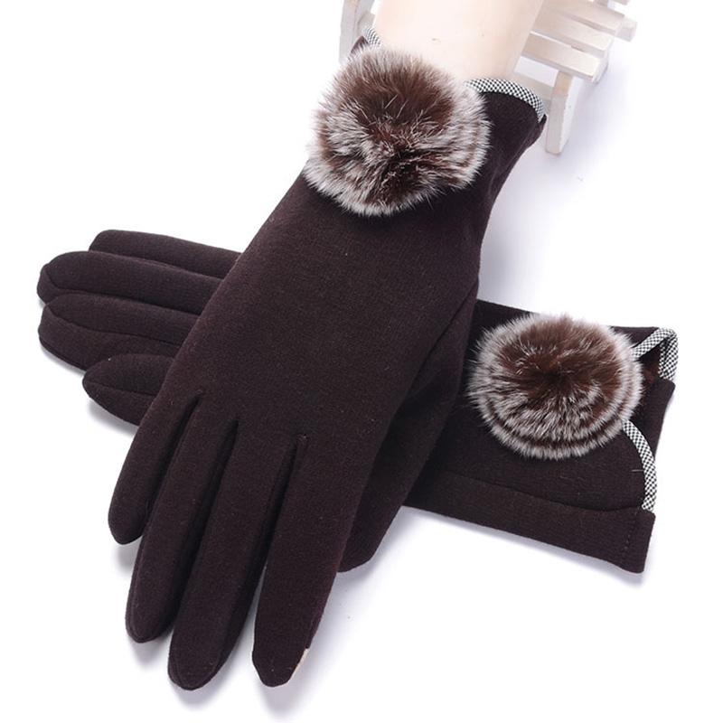 New Female Autumn Winter Non-Inverted Velvet Cashmere Full Finger Warm Lace Gloves Women Cotton Touch Screen Gloves G82