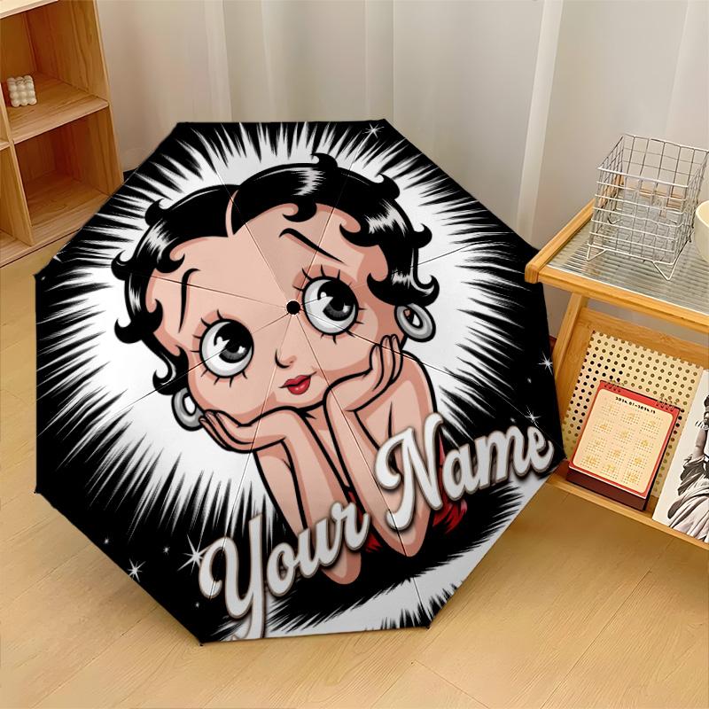 Custom Text Automatic 8 Bone Umbrella, Portable Sun Rain Protection UmbrellaBetty Boop
