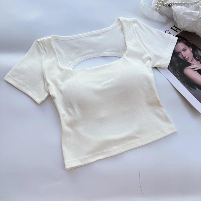 

Футболка Женская одежда Топы с квадратным вырезом Короткий рукав кроп-топ с бюстгальтерами для женщин девушек сексуальная уличная одежда Топы без спины One Size