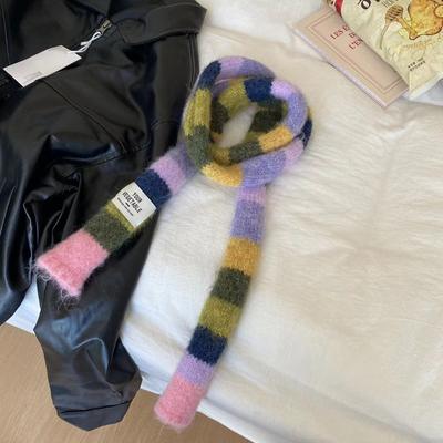 New Y2K Striped Scarf Knitted Wool With Warm Color Splicing Contrast Sausage Thin Scarf Rainbow Color Scarf Winter