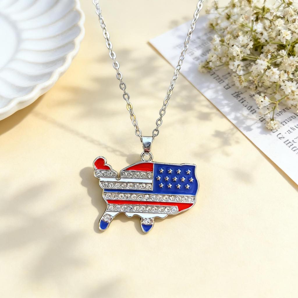 US Independence Day Rhinestone Flag Pendant Necklace - Red, White, Blue