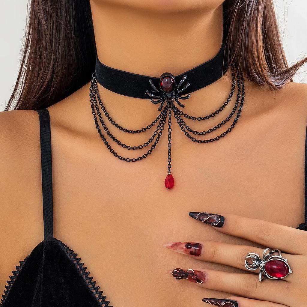 Sweet Cool Babes Ruby Spider Collar Necklace, Gothic Blood Drip Chain Tassel Necklace