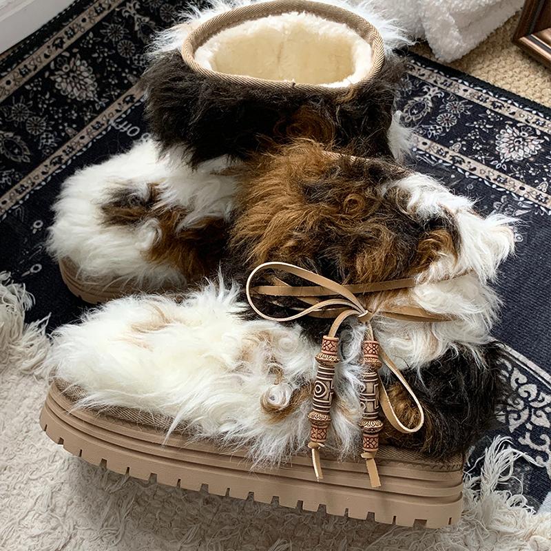 Fashion Bow Bead Fur Platform Women Ankle Snow Boots Flats Plush Cotton Shoes Woman Brand Winter New Trend Warm Casual Shoes Botas Mujer
