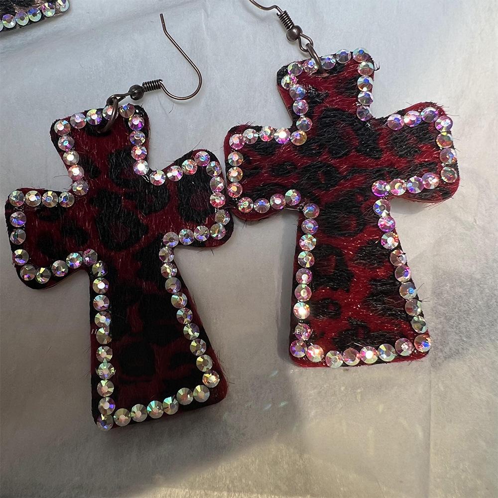 Exaggerated Shiny Crystal Leopard Print Cross Earrings for Women Gorl Sexy Charm Earring Vintage Goth Y2K Jewelry Accessories