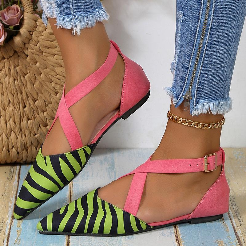 2026 New Striped Pointed Toe Ballet Flats Women Spring Summer Cross Strap Sandals Woman Plus Size Flat Heels Casual Shoes Female