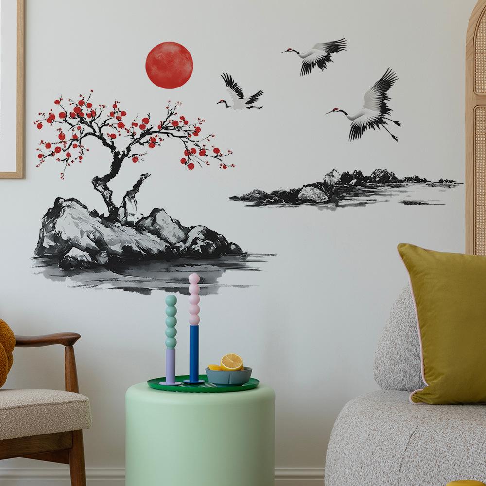 2 Pcs Chinese Style Plum Blossom Sunset Bedroom Living Room Home Background Beautification Decoration Wall Stickers