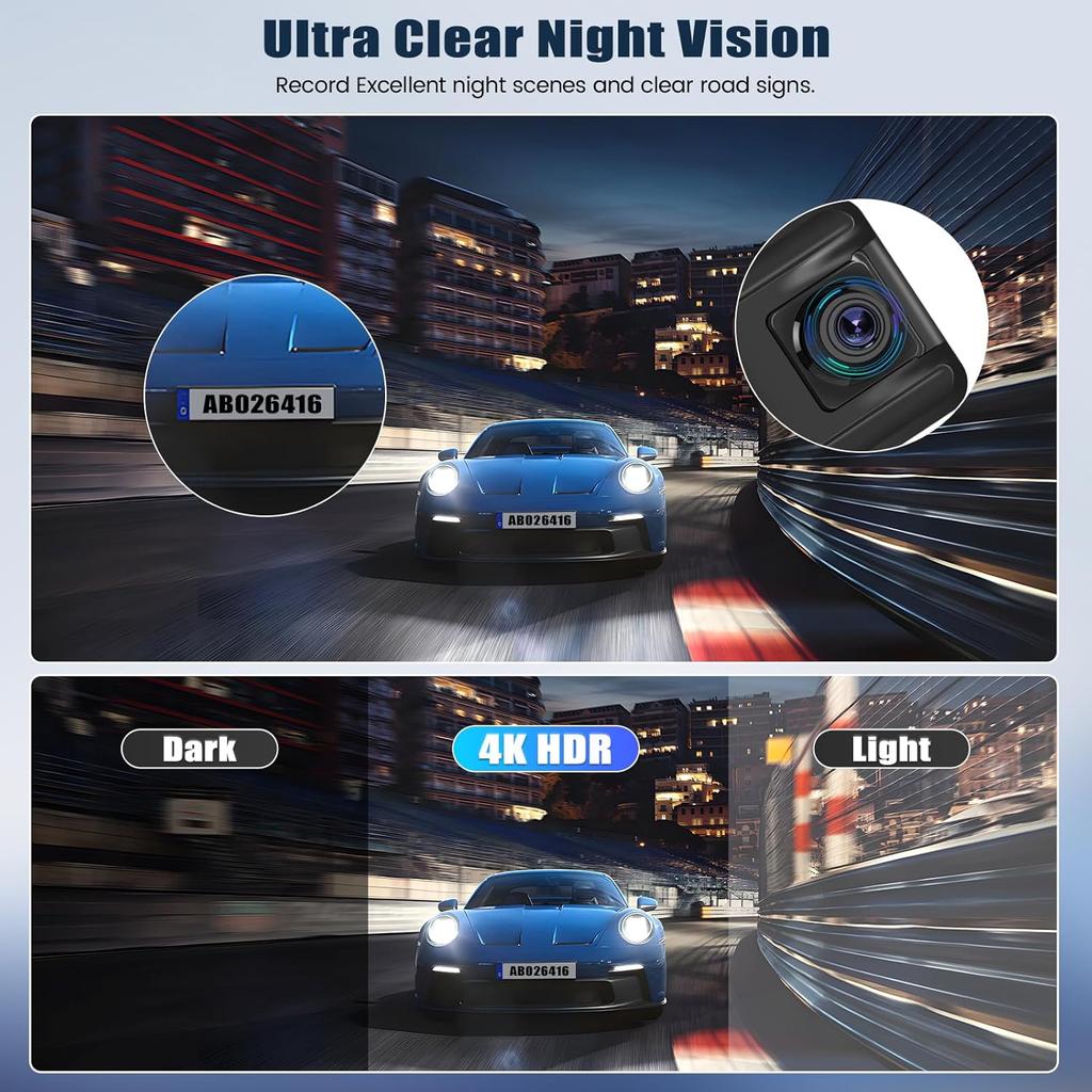 10.88' 4K Mirror Dash Cam, Dual Rear View, Night Vision, G-Sensor, APP Control, Loop Recording