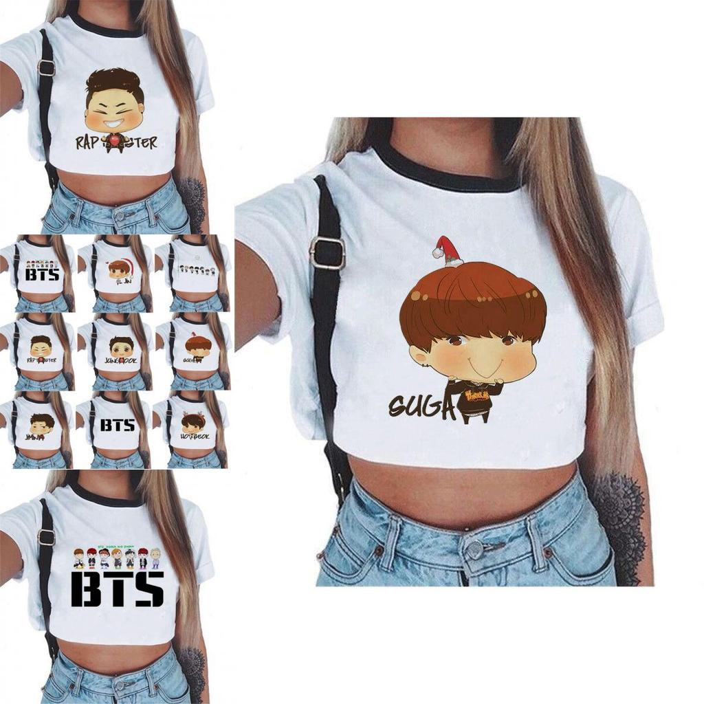 Kpop Bts Bangtan Boys Kortärmad Damtopp Med Söt Figurdesign Perfekt För Sommaren
