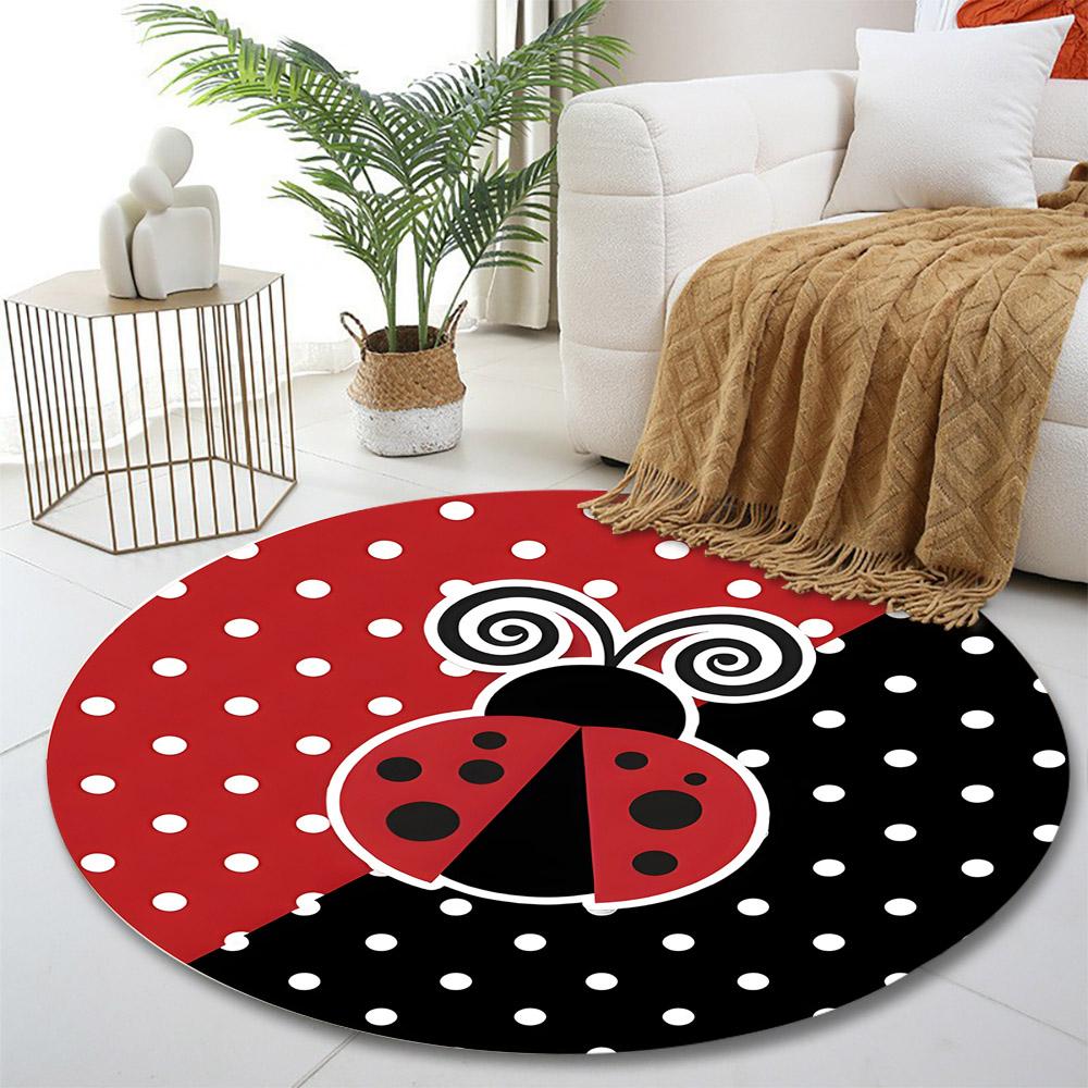 Ladybug Pattern Red and Black Rug Print round rug, living room, bedroom, playroom carpet, non slip floor mat, gift