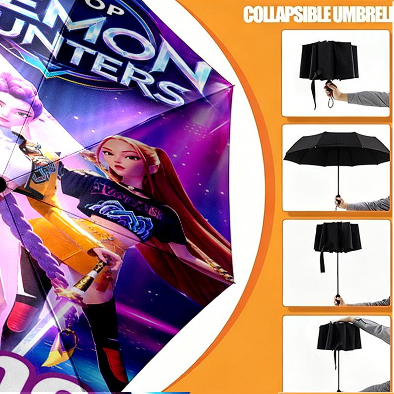 Custom Name Personalized KPop Hunters Print Umbrella, Auto Open Close, 8‑Rib Sturdy Frame, Commute Camping Hiking Use, Birthday Gift