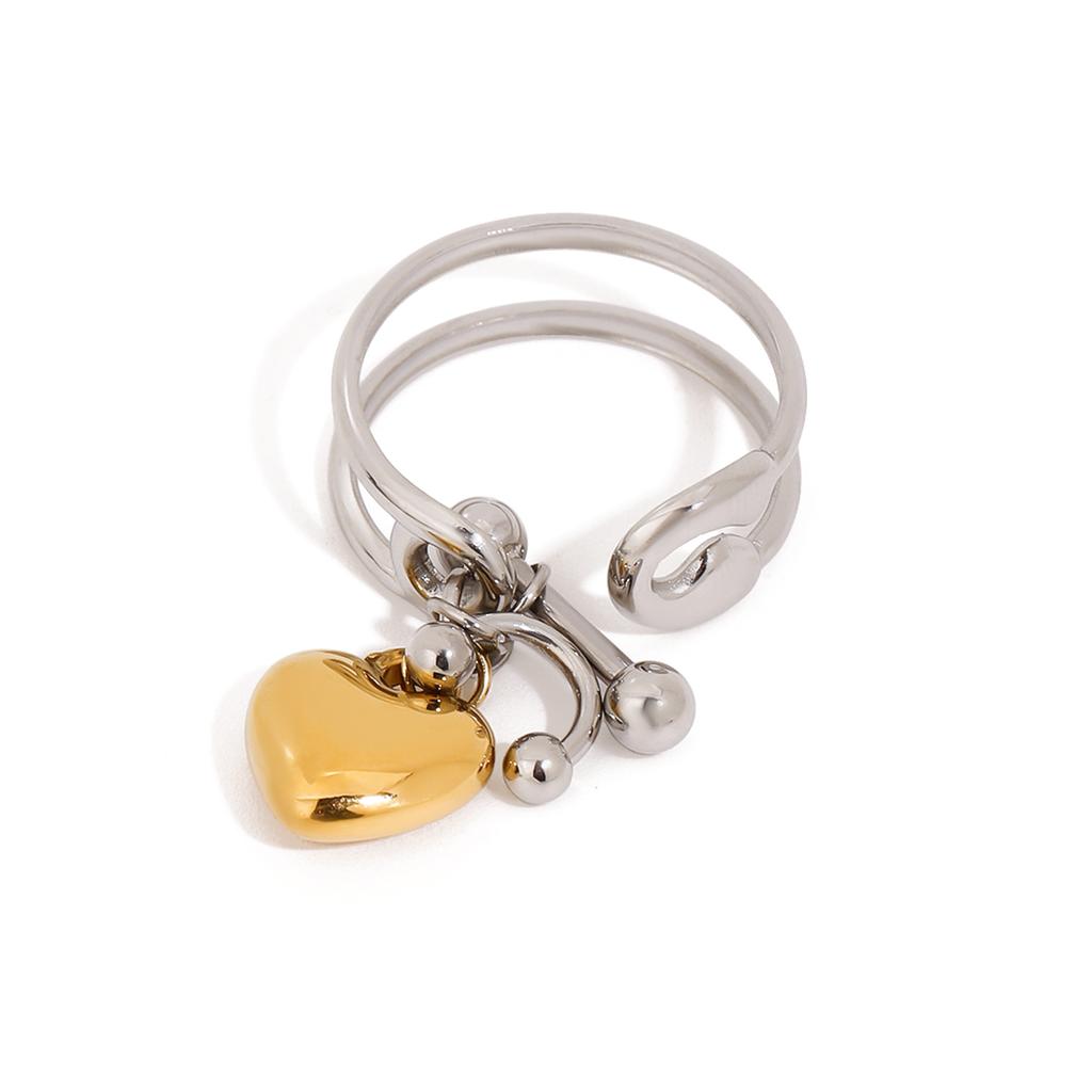 Youthway Modern Design Minimalist Stainless Steel Gold Heart Pendant Double Layer Opening Ring For Women Waterproof  Jewelry New