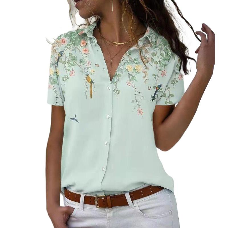 Summer Printed Office Short Sleeve Shirt Fashion Women New Plus Size Lapel Casual Simple Blouse 2025 Elegant Loose Tops Women's Clothing