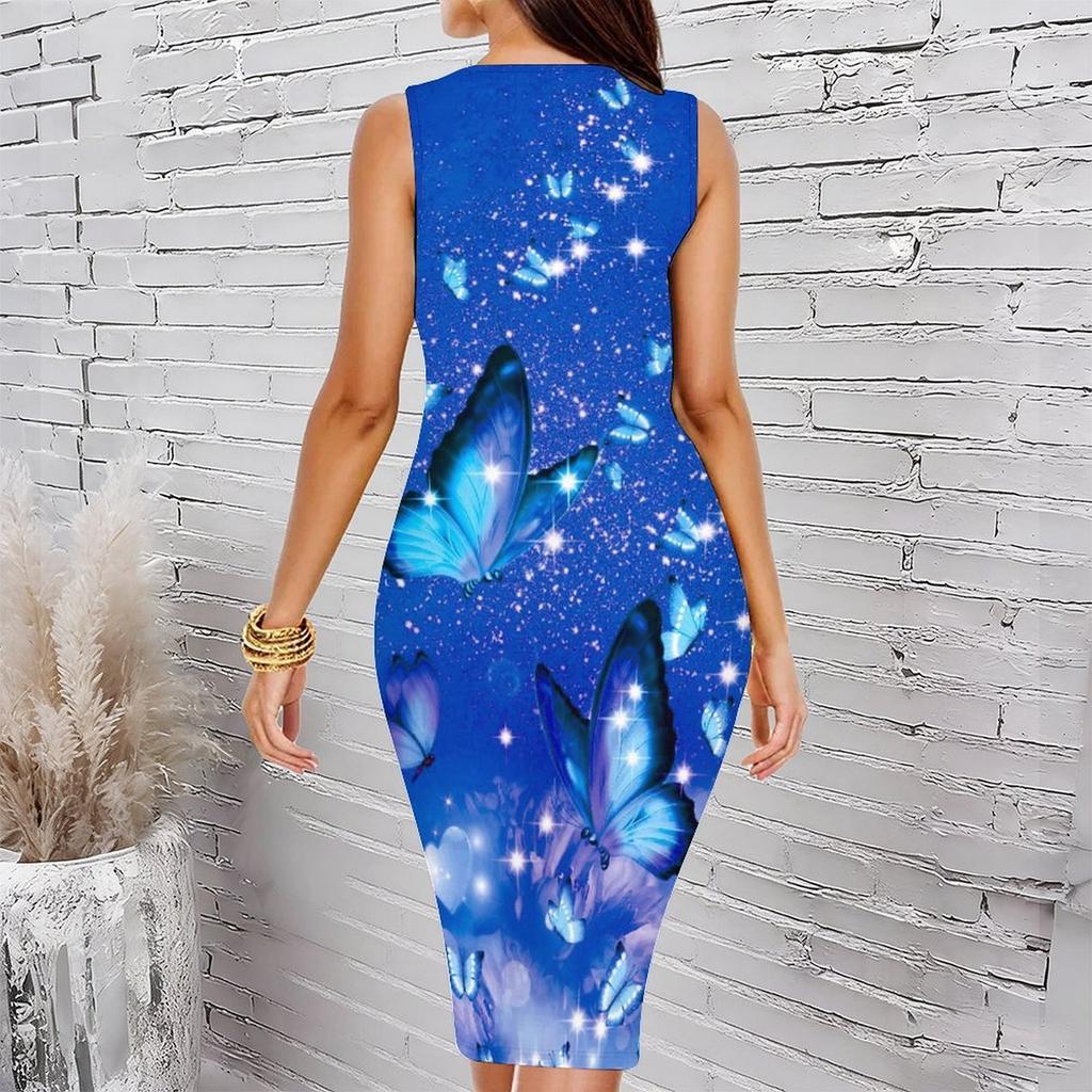 Women Plus Size Crew Neck Sleeveless Midi Dress Pink Glitter Sparkling Butterfly Print Bodycon Dress