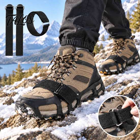 Safety Traction Cleats Straps for Icy Roads 2Pcs Adjustable Ice Cleats, Hook And Loop with Metal Nylon Snow Buckles, Fastening Crampons Not Included