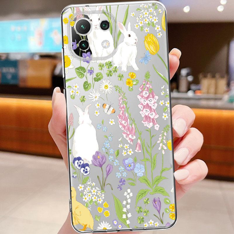 Cute White Rabbit Flower Floral Clear Case For Xiaomi Poco X3 Nfc X3pro M3 F1 F3 For Mi 11 12 13 11x 12x Pro 11 10 Lite 11t 10t