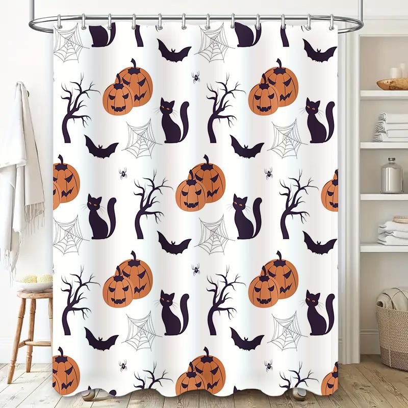 Halloween Decor Shower Curtain Halloween Pumpkin Cats Black Spiders White Bath Mat Waterproof Bathroom Curtains Customizable