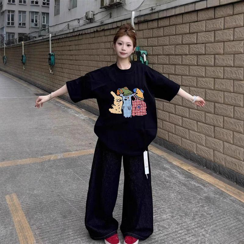 

American-Style Pure Cotton Black Extra-Large Size 150kg Short-Sleeve T-Shirt for Women with a Unique Design, Loose-Fitting Half-Sleeve Top, Trendy Black M [Recommendation 40-50kg]