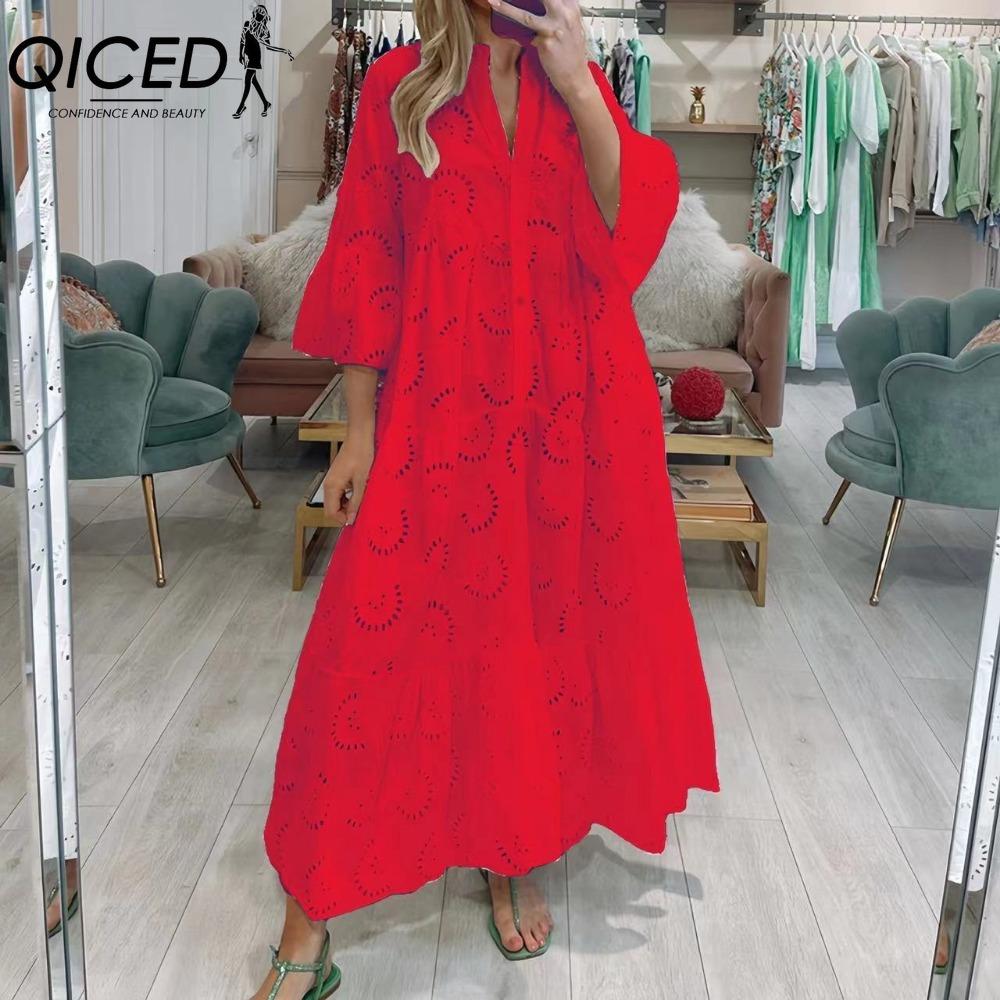 

QICED 8 цветов S-5XL Женская мода Лето Весна Однотонный принт Рукав 3/4 V-образный вырез Повседневные платья M