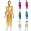 Kids Jazz Dance Wear Mock Neck Rhinestone Embellished Sleeveless Crop Top with Metallic Ruffle and Shiny Cargo Pants for Hip-Hop Routine