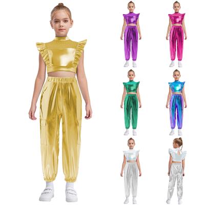 Kids Jazz Dance Wear Mock Neck Rhinestone Embellished Sleeveless Crop Top with Metallic Ruffle and Shiny Cargo Pants for Hip-Hop Routine