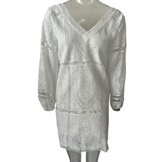 Γυναικείο εξοχικό φόρεμα σε σχήμα V με πλάτη με κούφια εξώπλατη κάλυψη με φαρδιά μακρυμάνικη φούντα Γυναικείο μίνι γιορτινό φόρεμα με λαιμόκοψη V