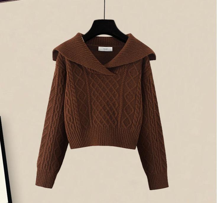 

Комплект из двух предметов: японский свитер и юбка с темно-синим воротником в стиле ретро, осень 2024 г., короткий топ. One Size (L)