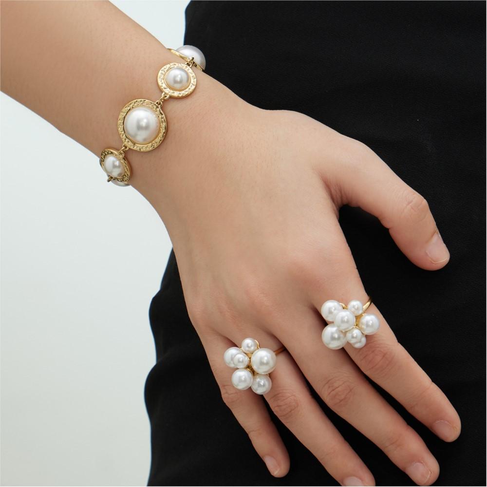 Perlenimitat Armband Passender Ring 18K Vergoldeter Edelstahl Armbänder Offene Ringe Elegantes Schmuckset für Damen