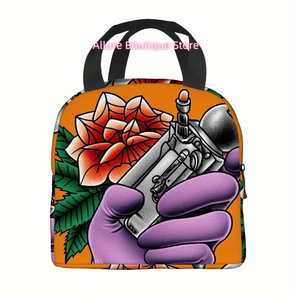 1pc Tattoo Art Thermal Insulated Bag with Rose & Needle Design - Vibrant Orange, Black & White, Reusable & Portable for Home, Of