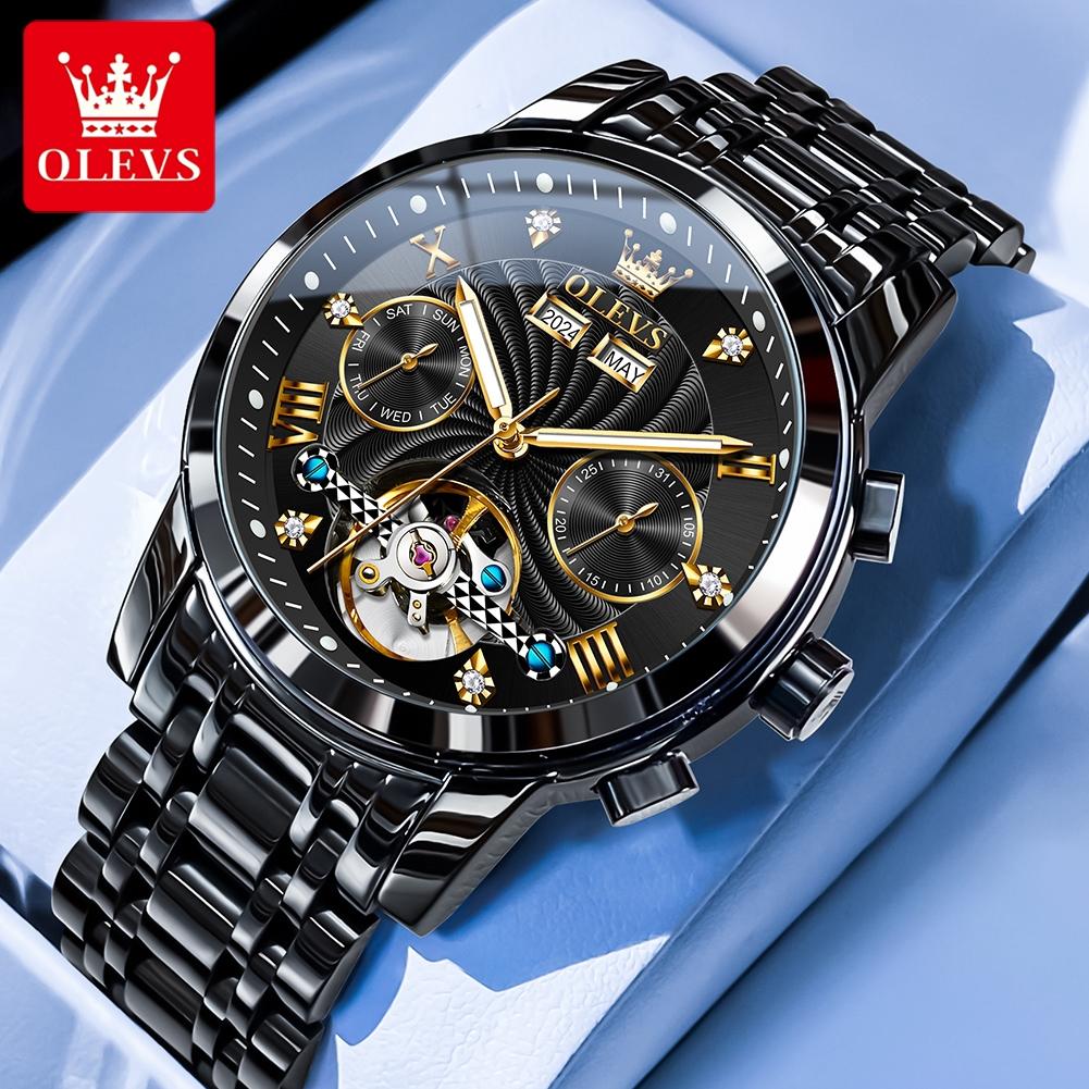OLEVS Men's Watches Luxury Fashion Fine Steel Original Automatic Mechanical Watch for Man Flywheel Movement Calendar Waterproof