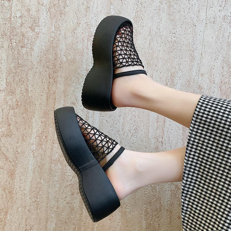 Retro mesh hollowed out bag head cool slippers women's summer wear thick-soled wedge heels high heels holiday word with sandals