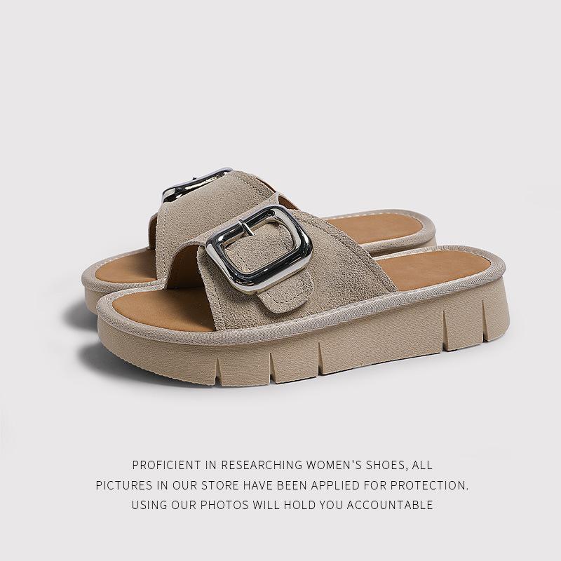 New Foreign Trade Birkenstocks Retro Buckle With Beach Casual Platform Slippers Women'S One-Word Drag Cork Drag Outer Wear