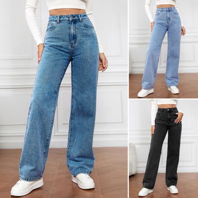 Kadın Kot Yüksek Bel Fermuar Düğme Kapatma Düz Renk Slim Fit Geniş Bacak Retro Düz Cepler Yumuşak Solmaz Bayan Tam Boy Kot Pantolon