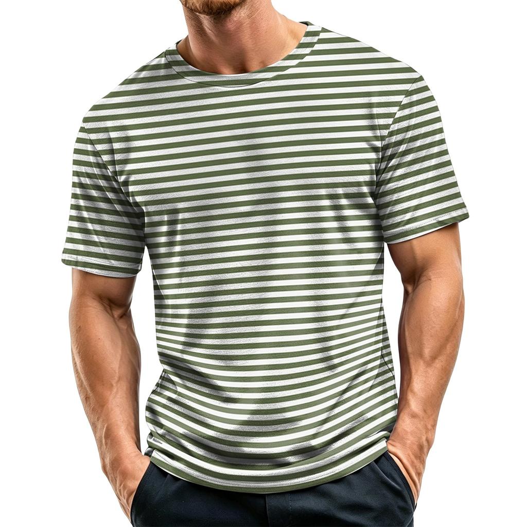 Men's Casual Quick-Dry Short Sleeve Shirt with Round Neck Lightweight Mesh and Striped Design