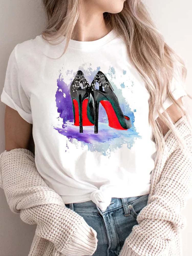 Maycaur New High Heel Wine Glasses Graphic Print T Shirt Women Funny Tshirts Casual White Short Sleeves Tops Tees Feamle Clothes