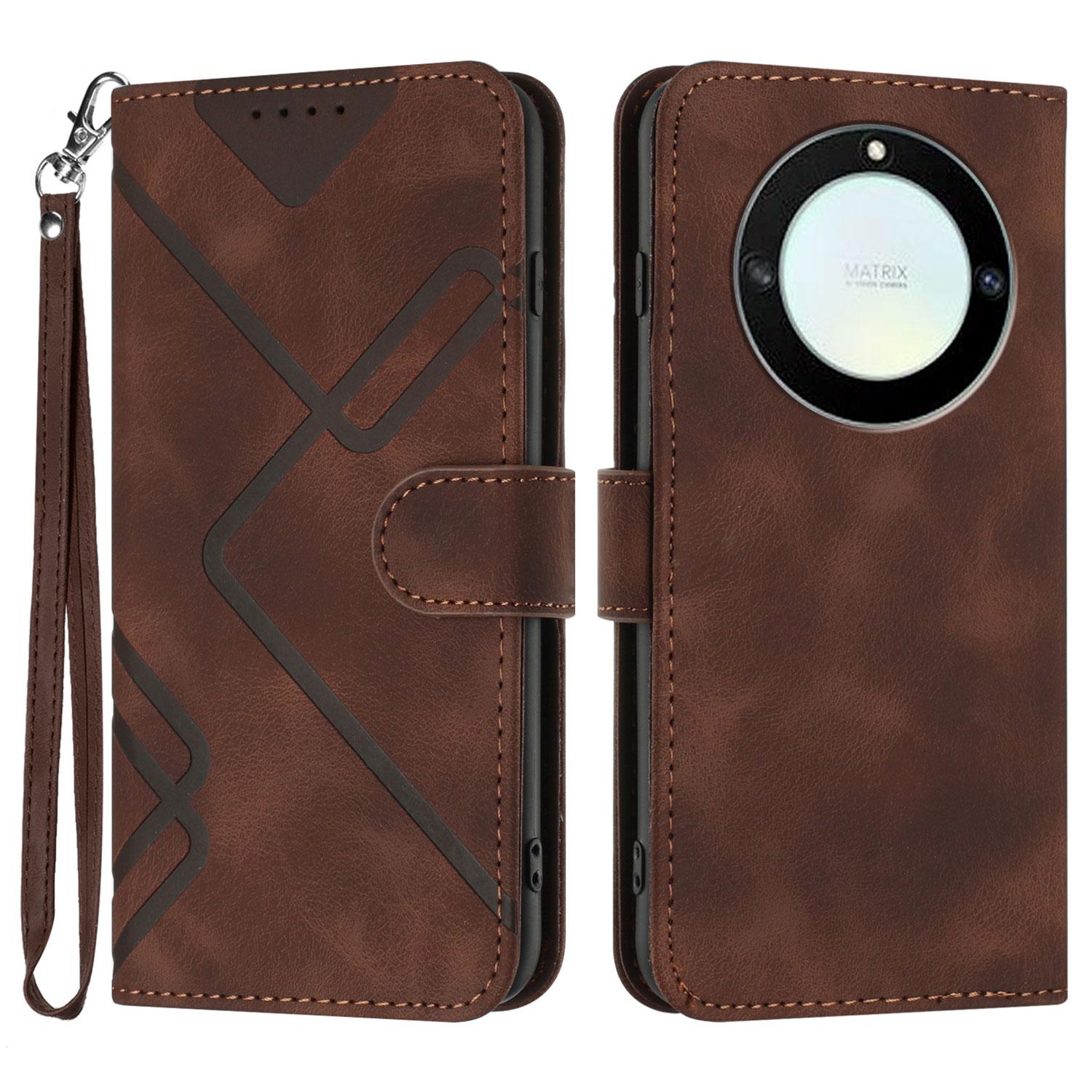 

For Honor Magic5 Lite 5G/Honor X9a 5G/Honor X40 5G Wallet Case Line Imprinted PU Leather Phone Cover with Strap Brown