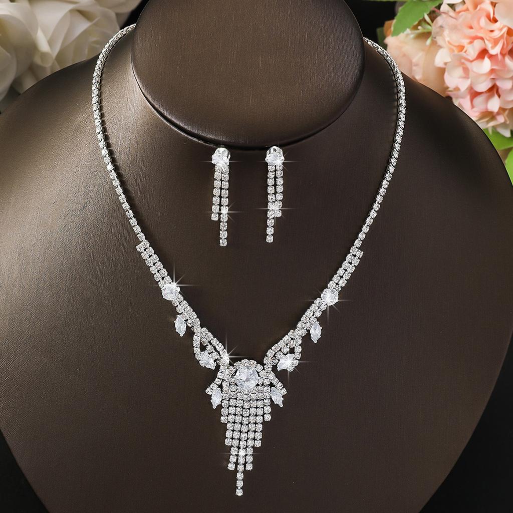 3PC Women's Fashion Design Tassel Necklace Earrings Zircon Set Suitable for Wedding, Party, Festival Gifts