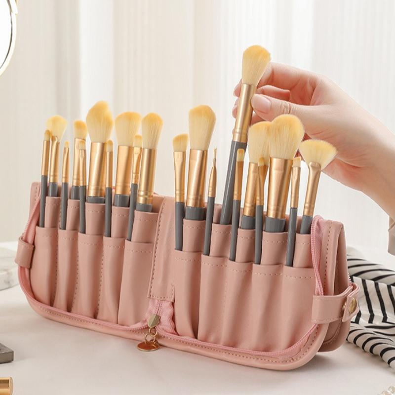 Upright PU Makeup Brush Storage Bag Foldable And Portable Travel Makeup Brush Bag Large Capacity Embroidery Tool Pen Eyebrow Pencil Tool Kit